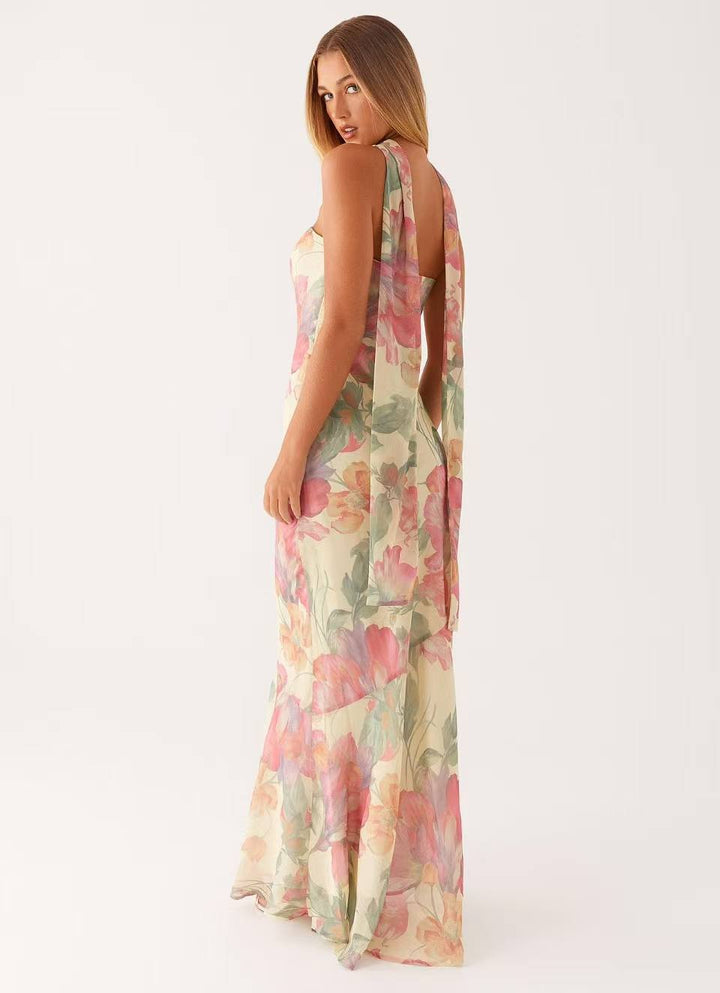 Vestido Maxi de mujer corte sirena con escote bandeau y cuello de bufanda integrado