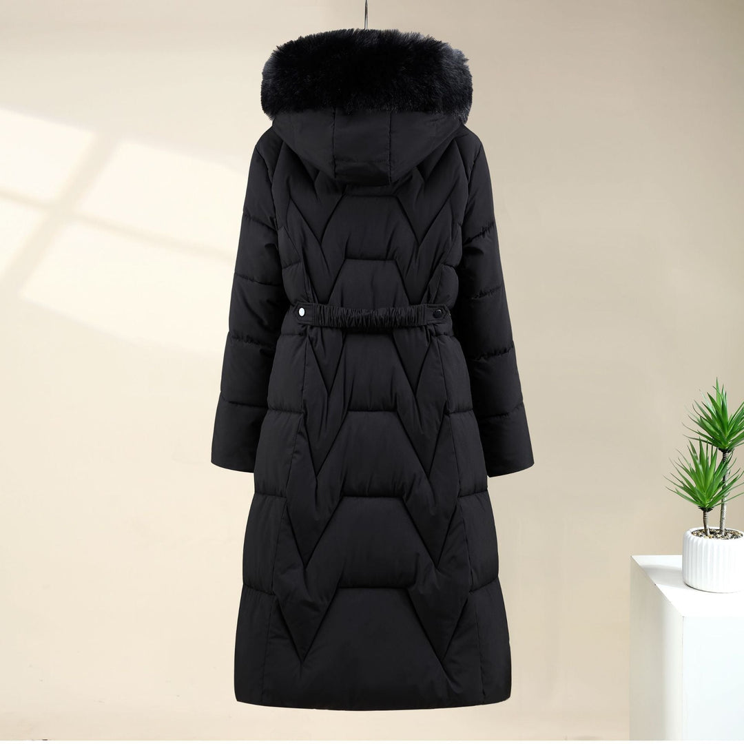 Parka larga de señora con capucha de pelo sintético desmontable y cordón de ajuste