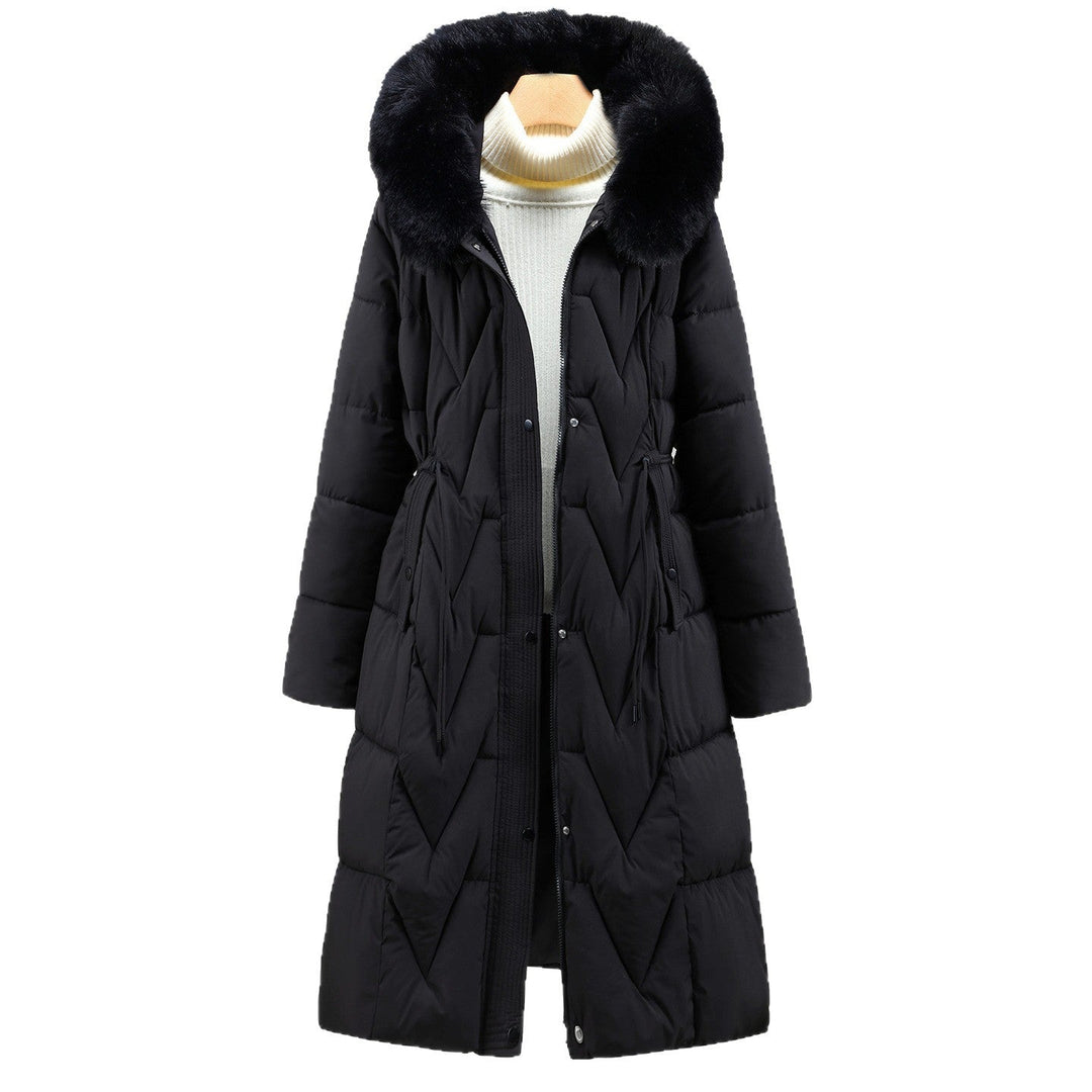 Parka larga de señora con capucha de pelo sintético desmontable y cordón de ajuste