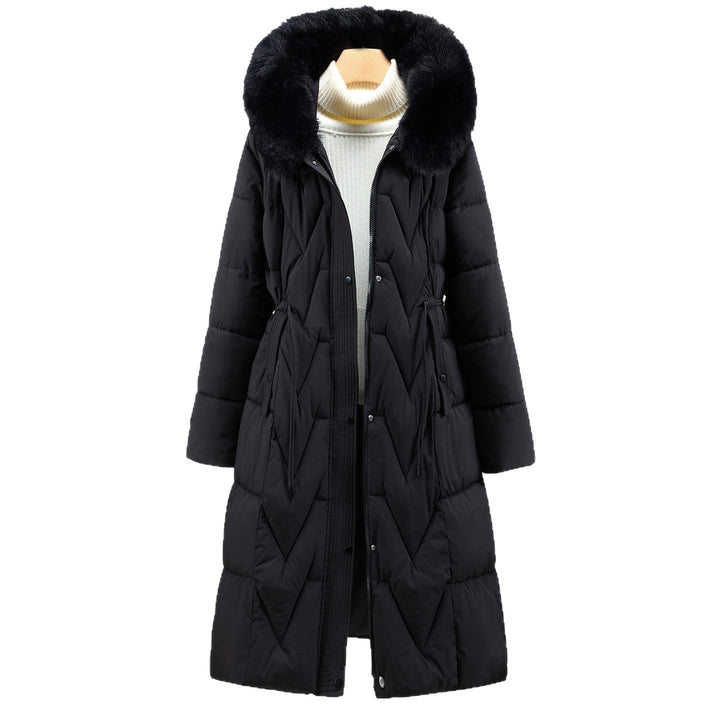 Parka larga de señora con capucha de pelo sintético desmontable y cordón de ajuste