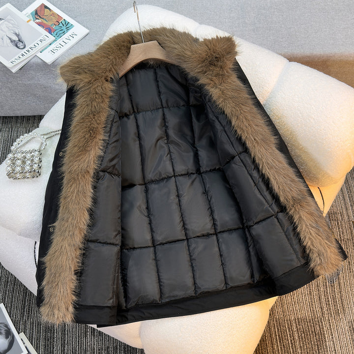 Parka de invierno femenino de longitud media con cuello de pelo sintético removible