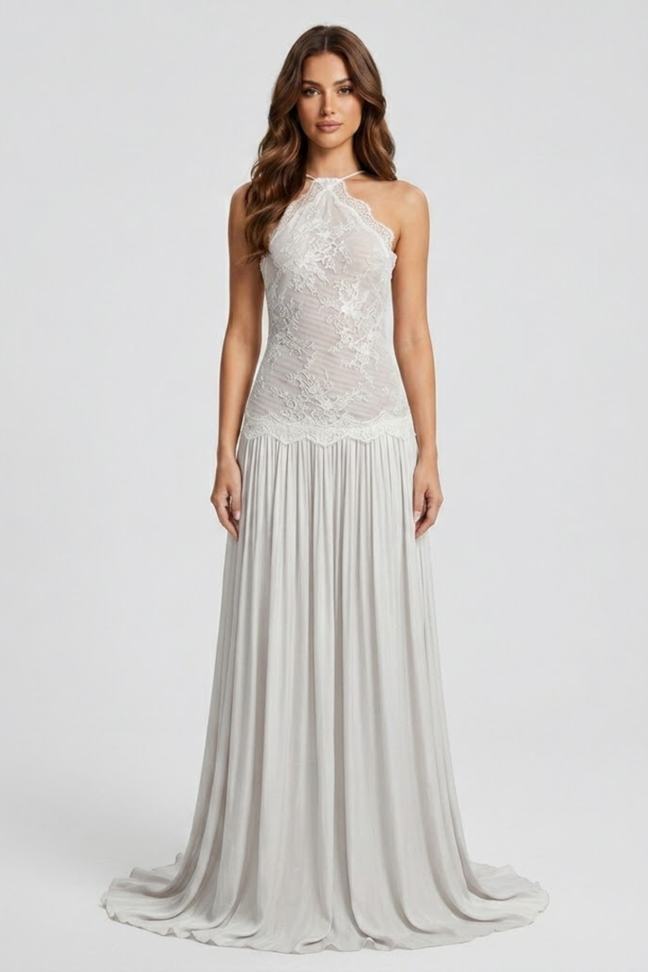Vestido maxi para mujer con escote halter, top de bustier de encaje, espalda descubierta, falda plisada