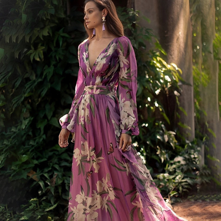 Vestido maxi multicolor para mujer con escote en V y mangas largas