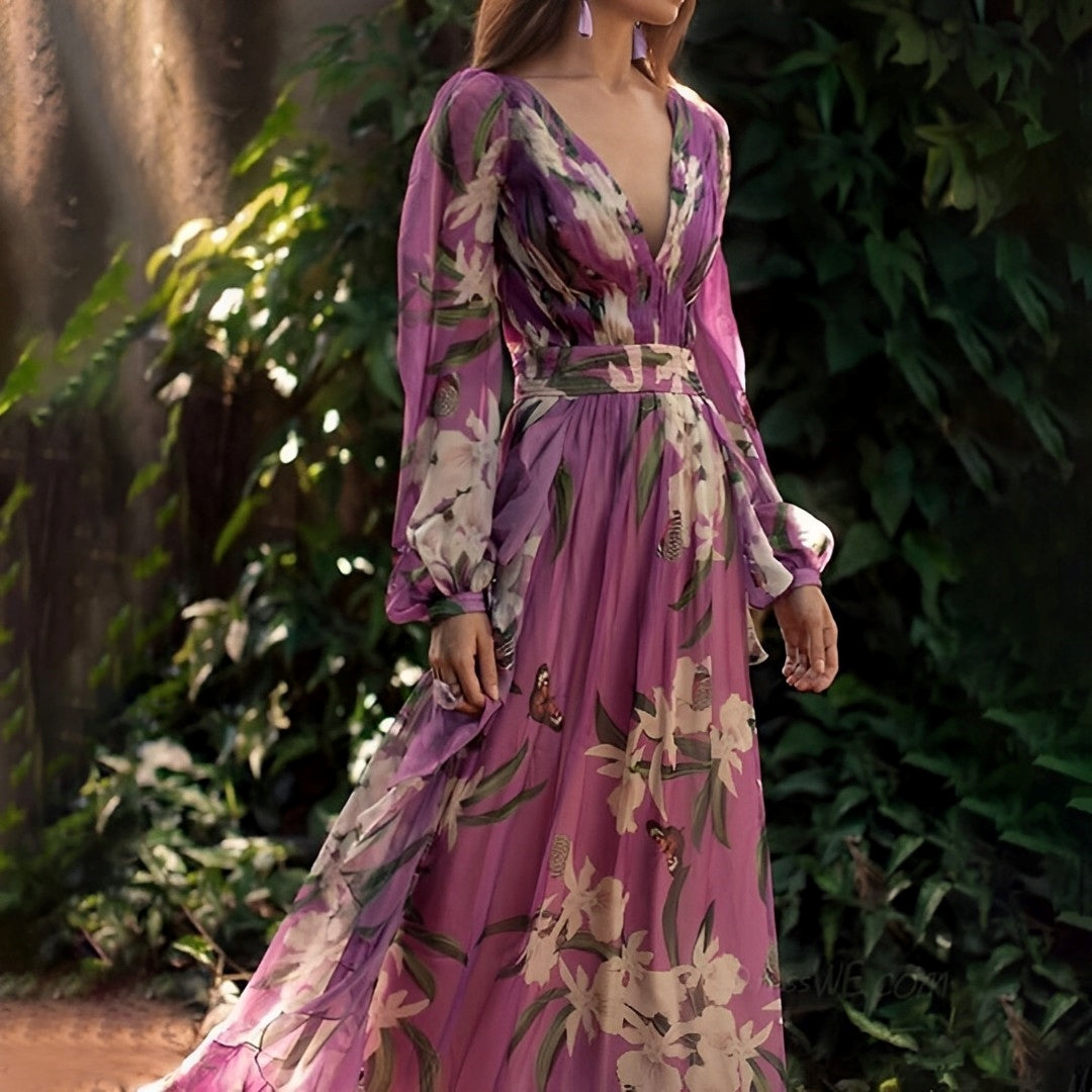 Vestido maxi multicolor para mujer con escote en V y mangas largas