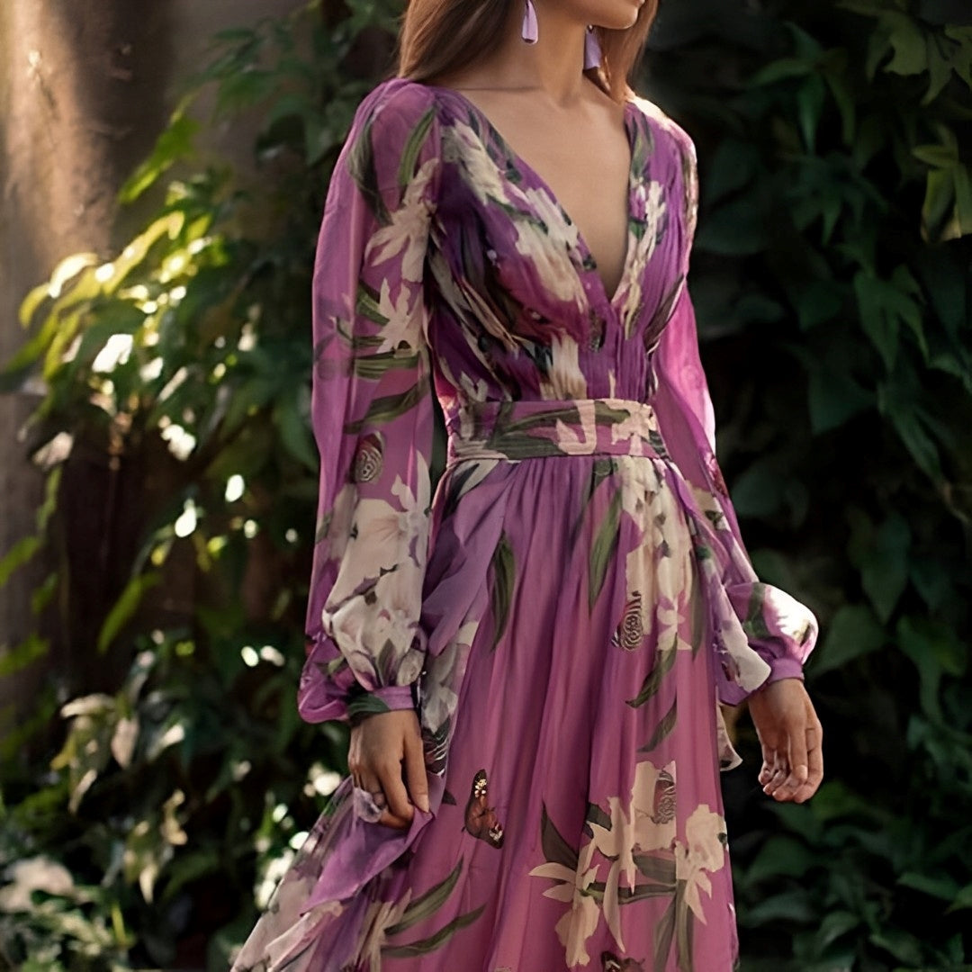 Vestido maxi multicolor para mujer con escote en V y mangas largas