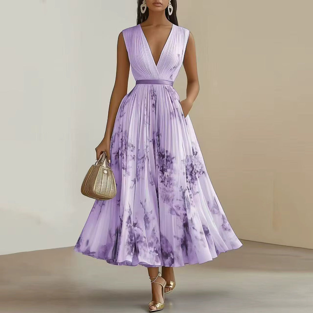Vestido maxi para mujer con escote en V, plisado, multicolor y con bolsillos laterales