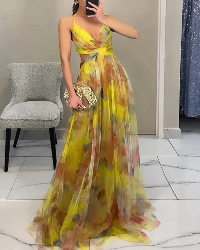 Vestido maxi de mujer multicolor con escote en V, tirantes finos y espalda descubierta con falda plisada