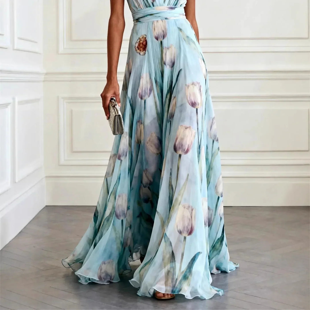 Vestido maxi para mujeres, con escote en V, sin mangas, estampado floral, falda fluida