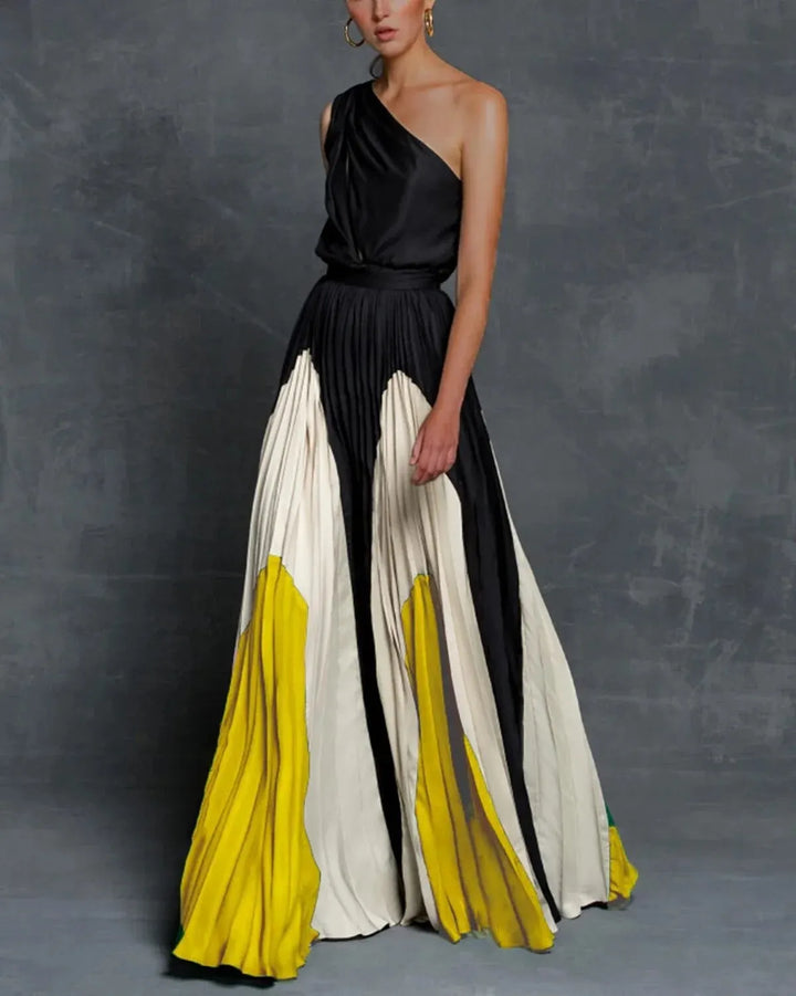 Vestido maxi para mujeres asimétrico y drapeado, con cintura definida, pliegues y diseño multicolor