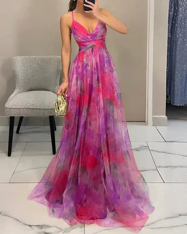 Vestido maxi de mujer multicolor con escote en V, tirantes finos y espalda descubierta con falda plisada