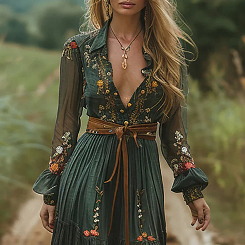 Vestido Maxi para mujer con bordado floral multicolor, mangas largas, escote en V, con cinturón