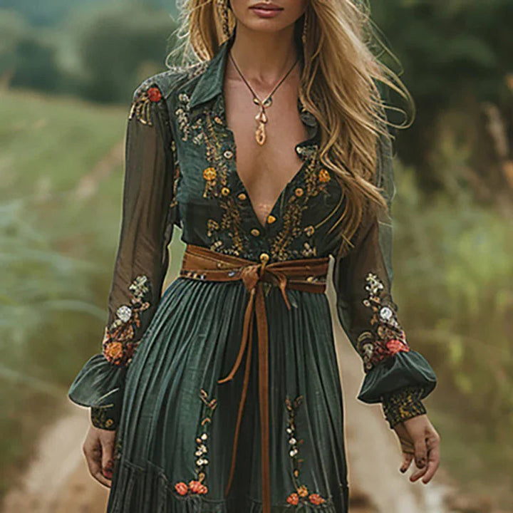 Vestido Maxi para mujer con bordado floral multicolor, mangas largas, escote en V, con cinturón