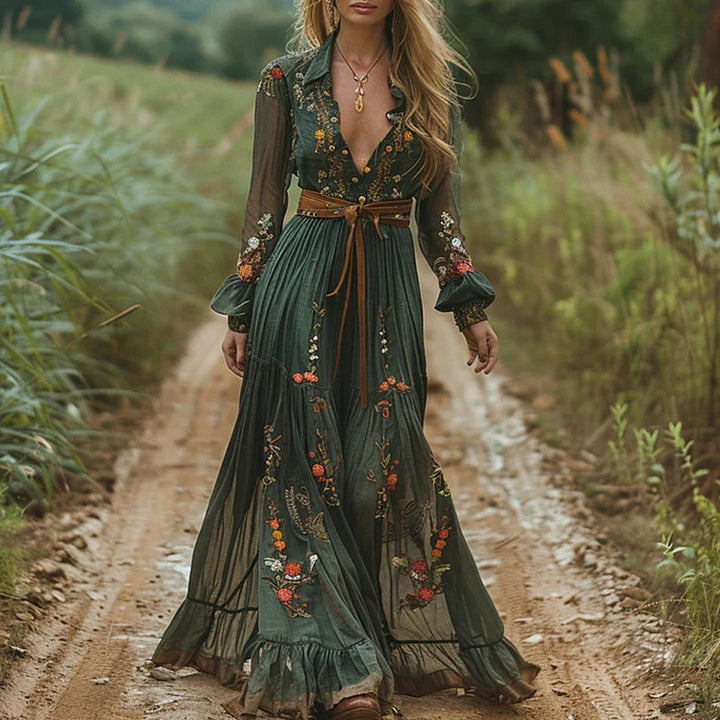 Vestido Maxi para mujer con bordado floral multicolor, mangas largas, escote en V, con cinturón