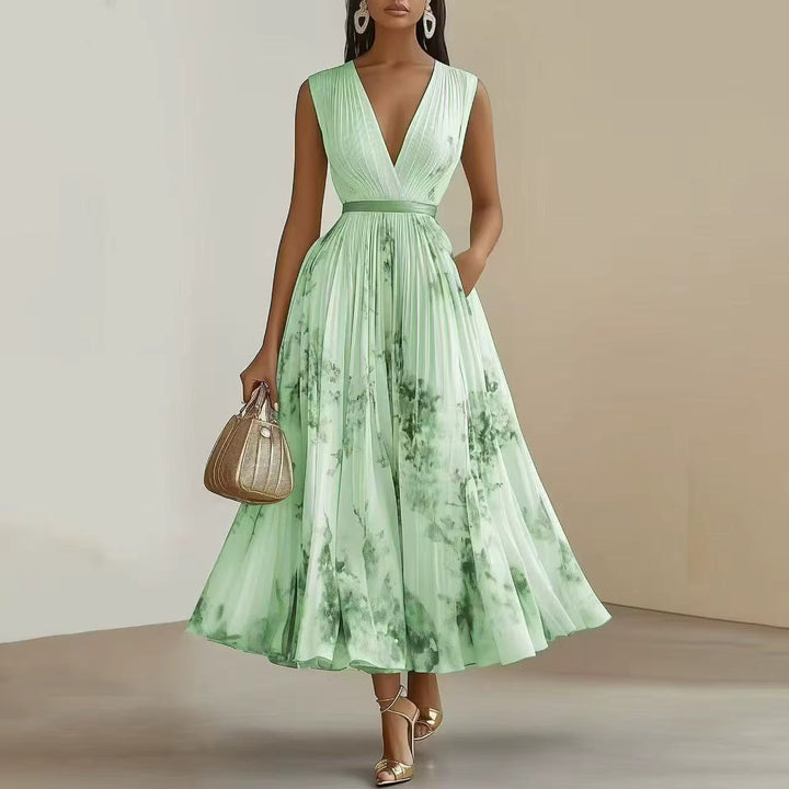 Vestido maxi para mujer con escote en V, plisado, multicolor y con bolsillos laterales