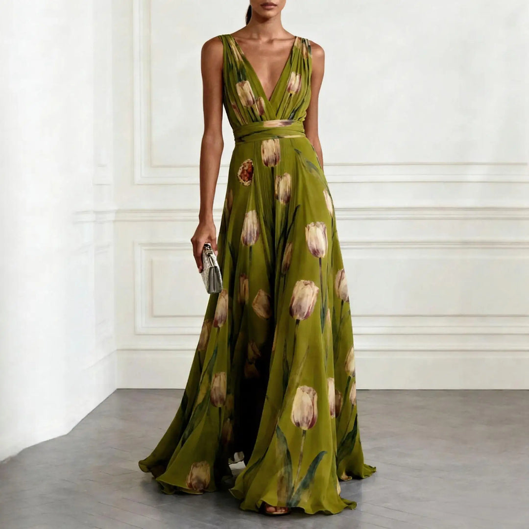 Vestido maxi para mujeres, con escote en V, sin mangas, estampado floral, falda fluida