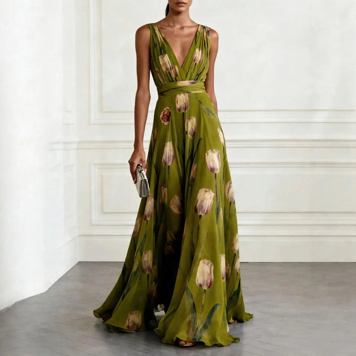 Vestido maxi para mujeres, con escote en V, sin mangas, estampado floral, falda fluida