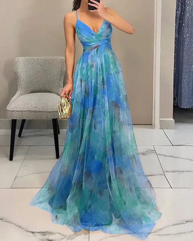 Vestido maxi de mujer multicolor con escote en V, tirantes finos y espalda descubierta con falda plisada