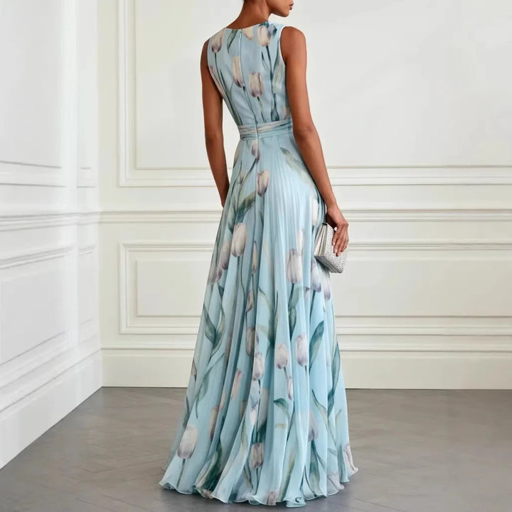 Vestido maxi para mujeres, con escote en V, sin mangas, estampado floral, falda fluida