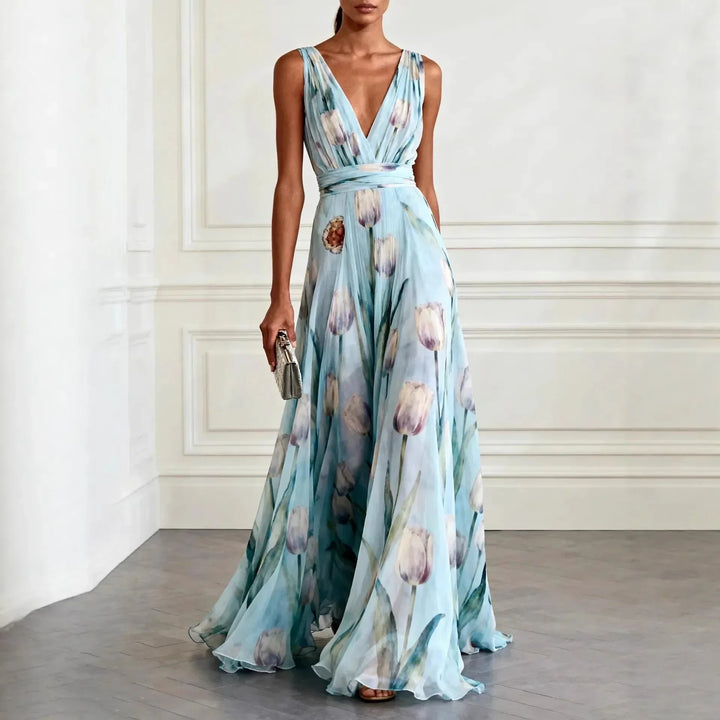 Vestido maxi para mujeres, con escote en V, sin mangas, estampado floral, falda fluida