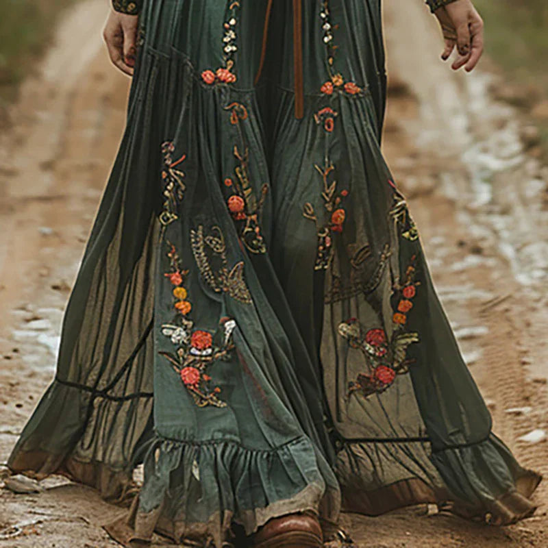 Vestido Maxi para mujer con bordado floral multicolor, mangas largas, escote en V, con cinturón