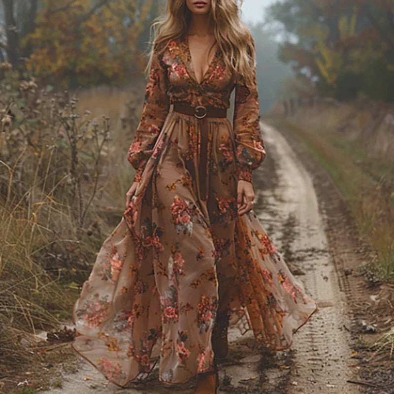 Vestido Maxi para mujer con bordado floral multicolor, mangas largas, escote en V, con cinturón