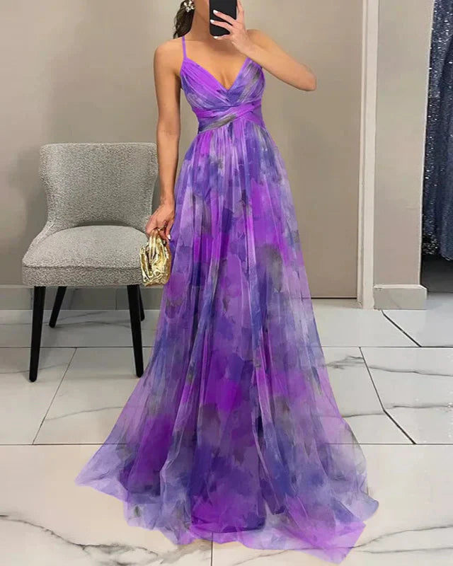 Vestido maxi de mujer multicolor con escote en V, tirantes finos y espalda descubierta con falda plisada