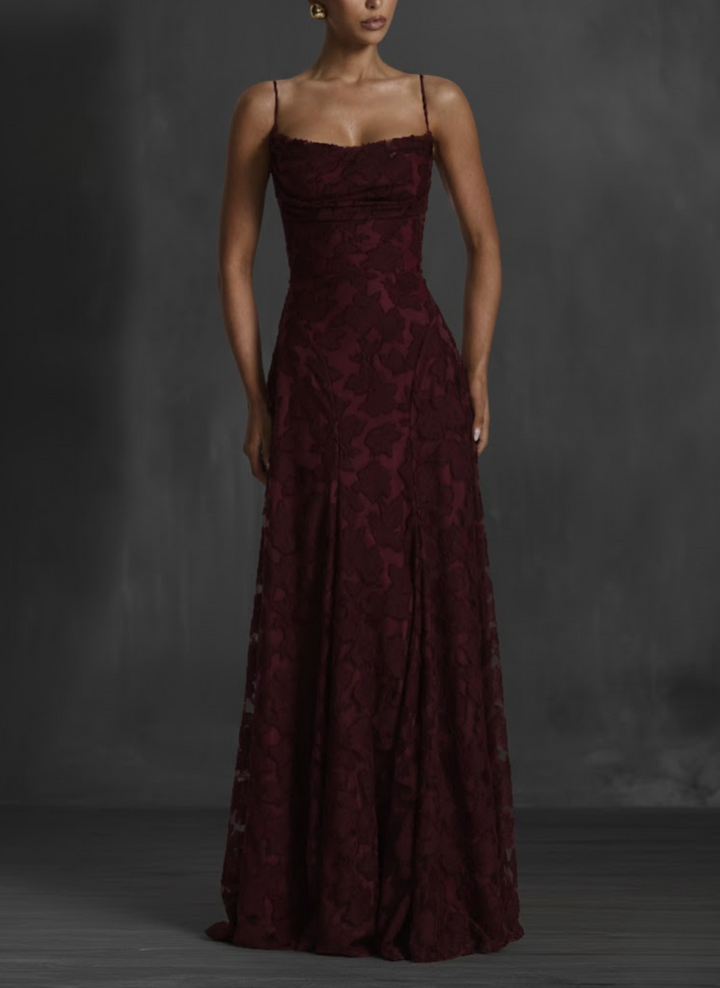 Vestido maxi para mujeres, escote drapeado, tirantes delgados, patrón floral texturizado, falda acampanada