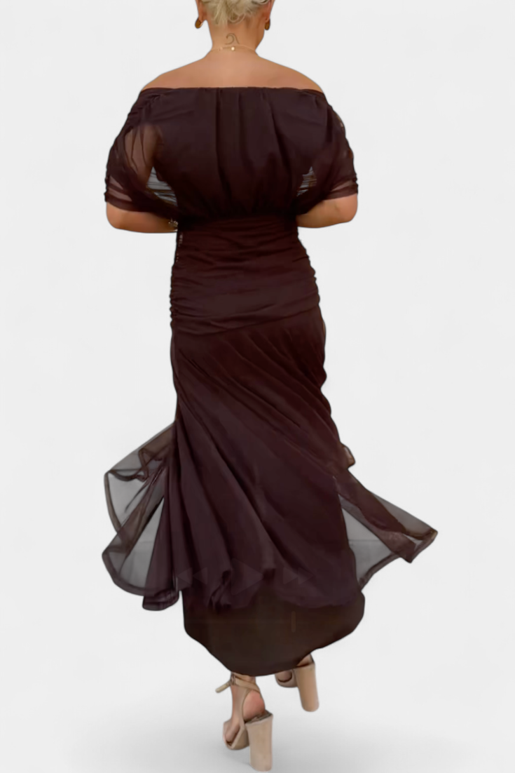 Vestido maxi de mujer con hombros al descubierto, escote en V drapeado, falda fluida y mangas abullonadas