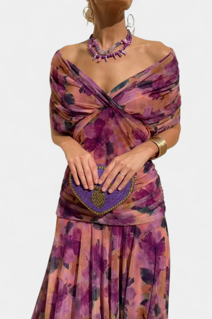 Vestido maxi para mujeres con hombros al descubierto, cintura fruncida y escote retorcido