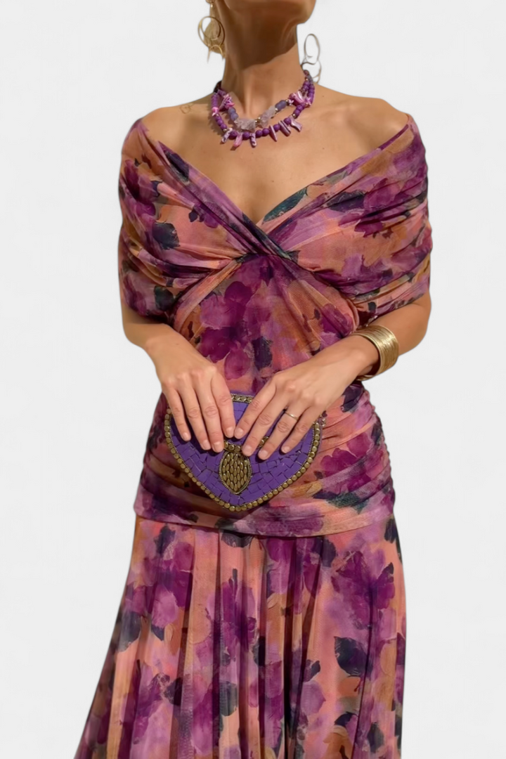 Vestido maxi de mujer con hombros al descubierto, escote en V drapeado, falda fluida y mangas abullonadas