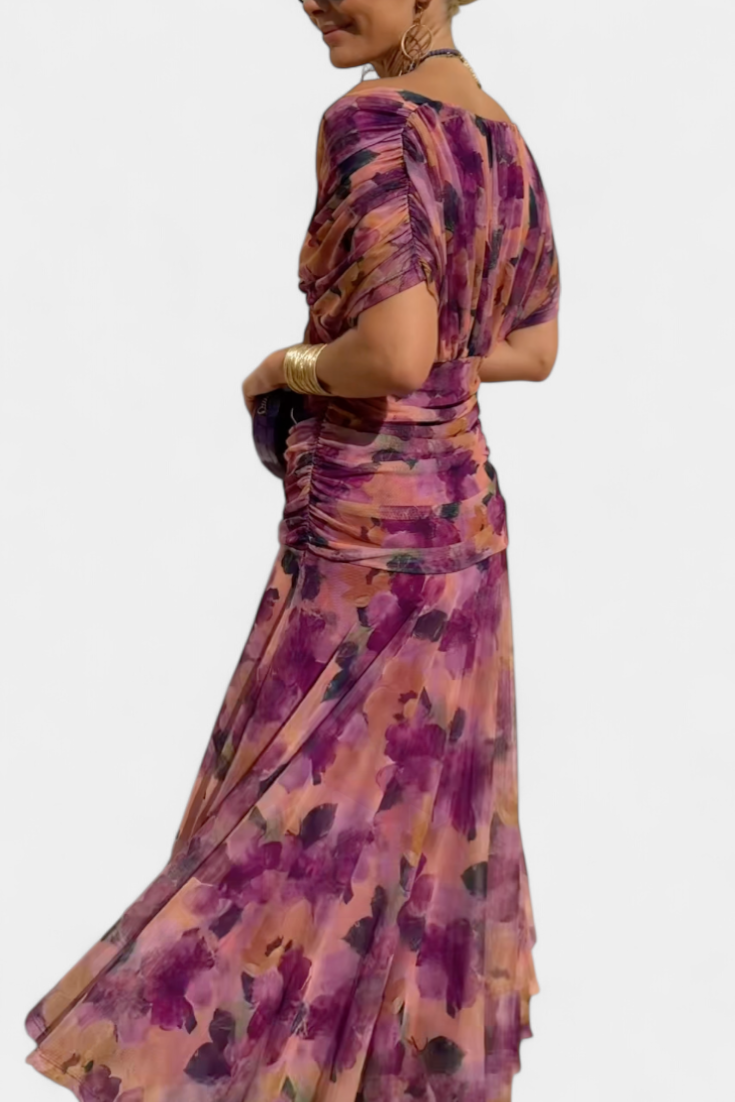 Vestido maxi de mujer con hombros al descubierto, escote en V drapeado, falda fluida y mangas abullonadas