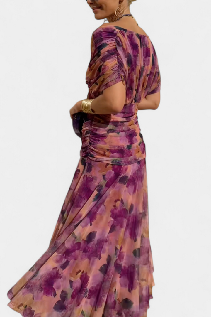 Vestido maxi de mujer con hombros al descubierto, escote en V drapeado, falda fluida y mangas abullonadas