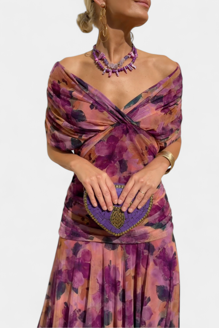 Vestido maxi para mujeres con hombros al descubierto, cintura fruncida y escote retorcido