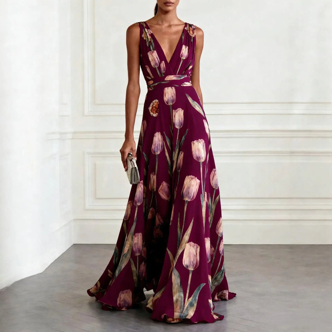 Vestido maxi para mujeres, con escote en V, sin mangas, estampado floral, falda fluida