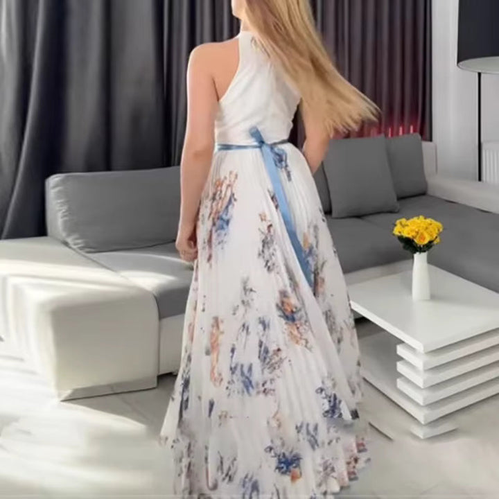 Vestido maxi para mujer con escote en V, plisado, multicolor y con bolsillos laterales