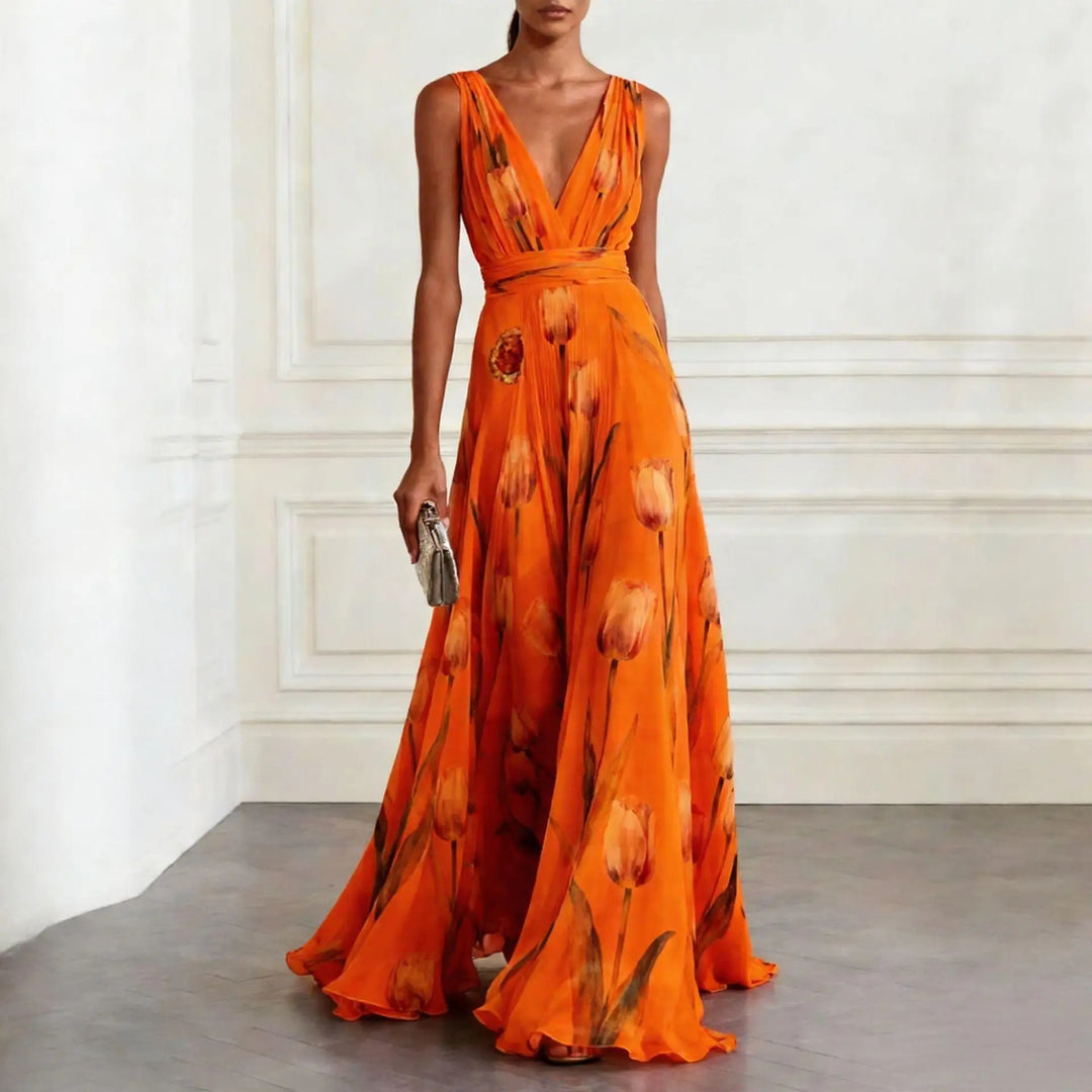 Vestido maxi para mujeres, con escote en V, sin mangas, estampado floral, falda fluida