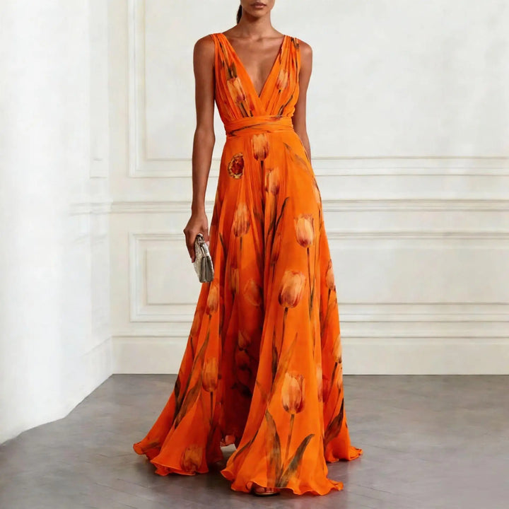 Vestido maxi para mujeres, con escote en V, sin mangas, estampado floral, falda fluida