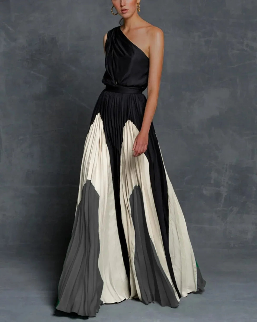 Vestido maxi para mujeres asimétrico y drapeado, con cintura definida, pliegues y diseño multicolor