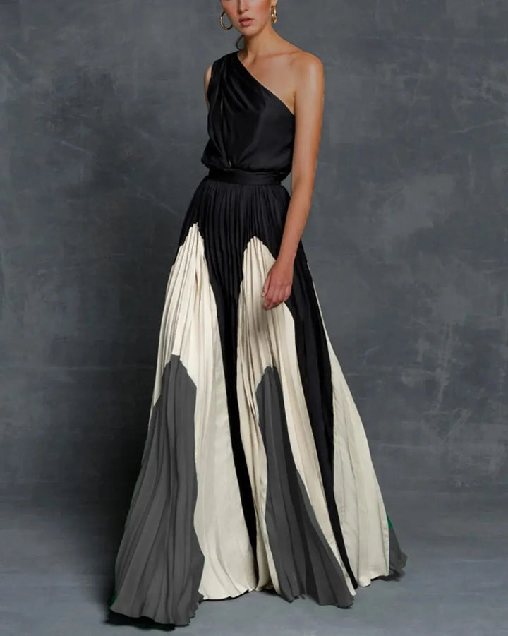 Vestido maxi para mujeres asimétrico y drapeado, con cintura definida, pliegues y diseño multicolor