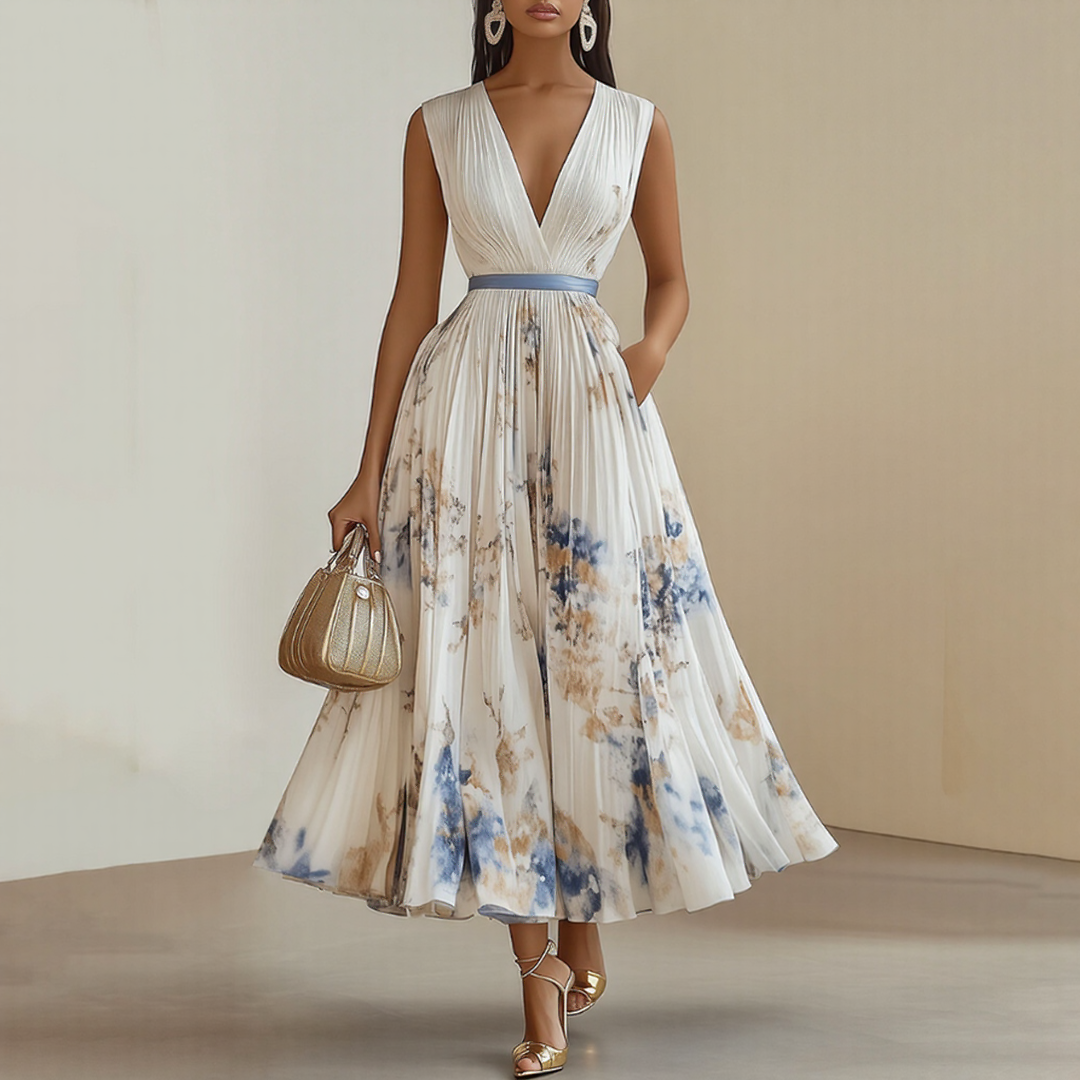 Vestido maxi para mujer con escote en V, plisado, multicolor y con bolsillos laterales