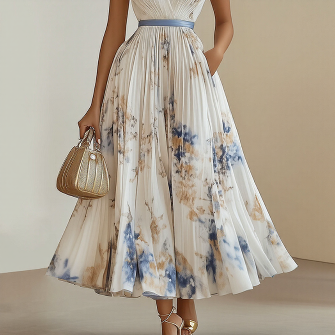 Vestido maxi para mujer con escote en V, plisado, multicolor y con bolsillos laterales