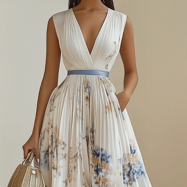 Vestido maxi para mujer con escote en V, plisado, multicolor y con bolsillos laterales