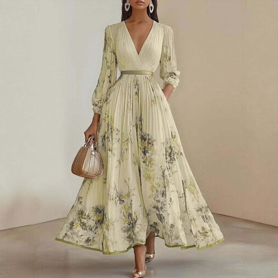 Vestido maxi para mujer con escote en V, plisado, multicolor y con bolsillos laterales
