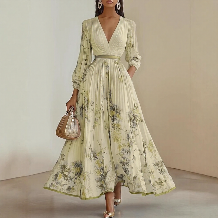 Vestido maxi para mujer con escote en V, plisado, multicolor y con bolsillos laterales