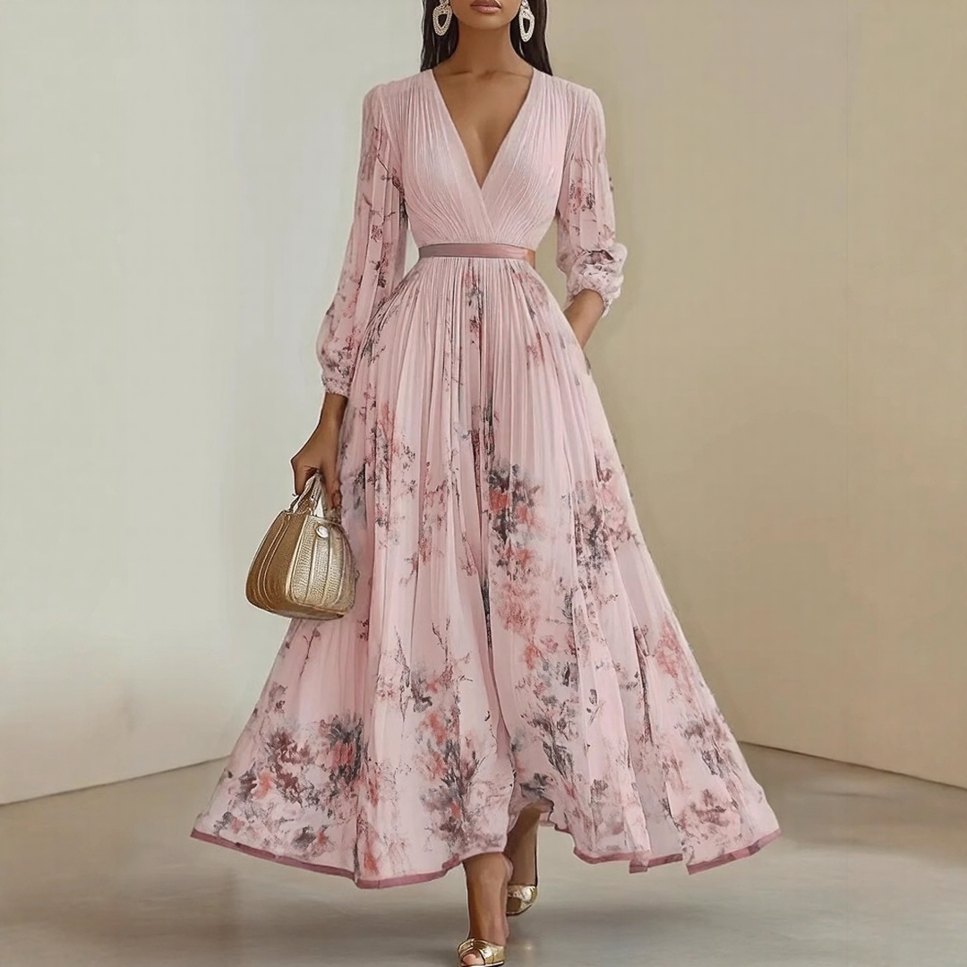 Vestido maxi para mujer con escote en V, plisado, multicolor y con bolsillos laterales