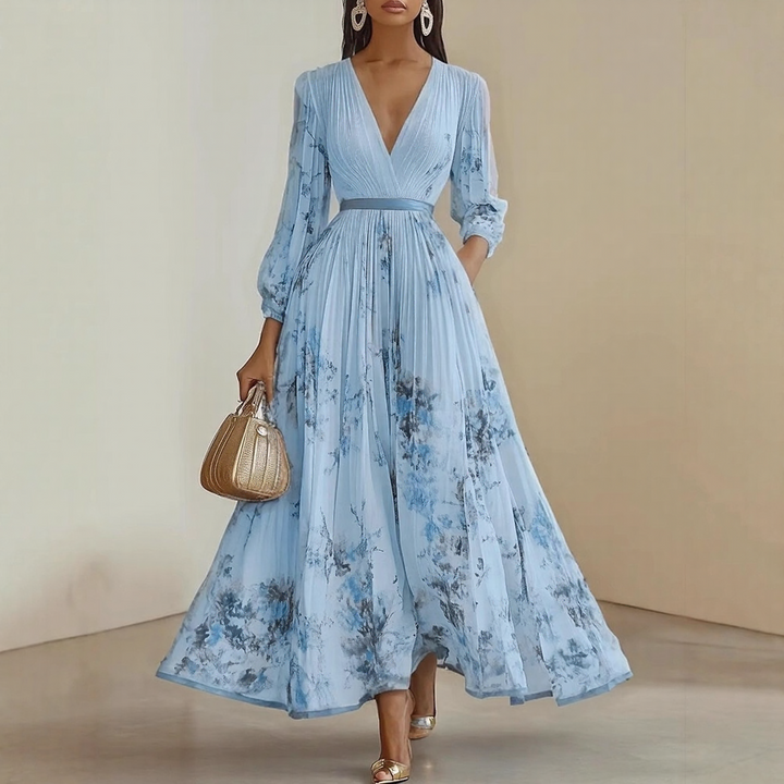 Vestido maxi para mujer con escote en V, plisado, multicolor y con bolsillos laterales