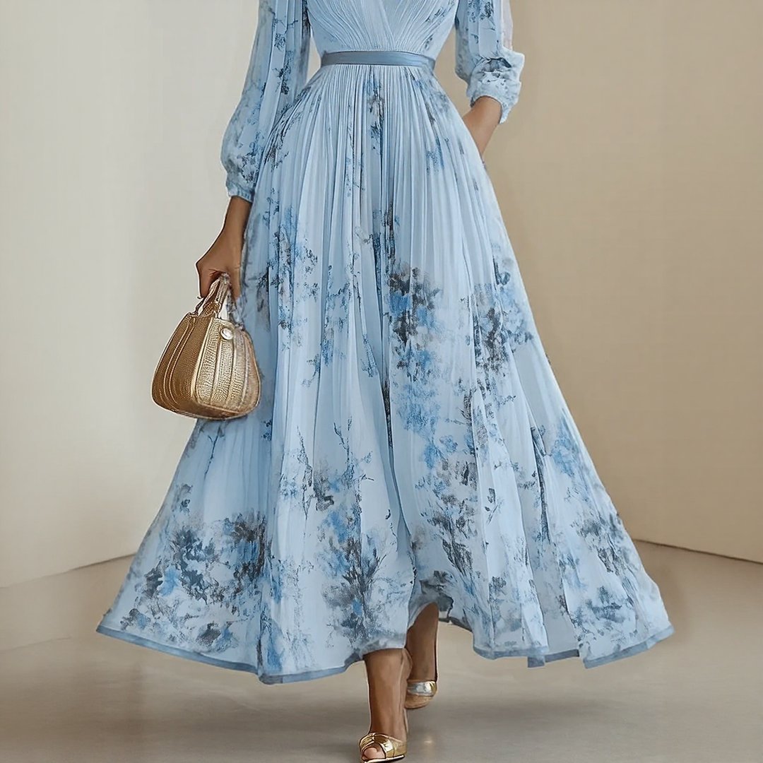Vestido maxi para mujer con escote en V, plisado, multicolor y con bolsillos laterales