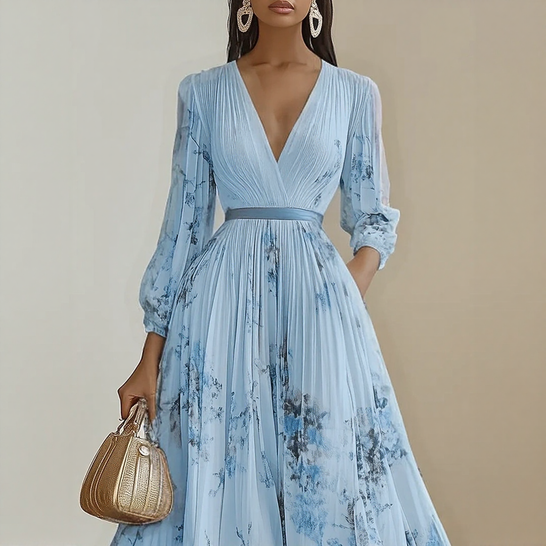 Vestido maxi para mujer con escote en V, plisado, multicolor y con bolsillos laterales