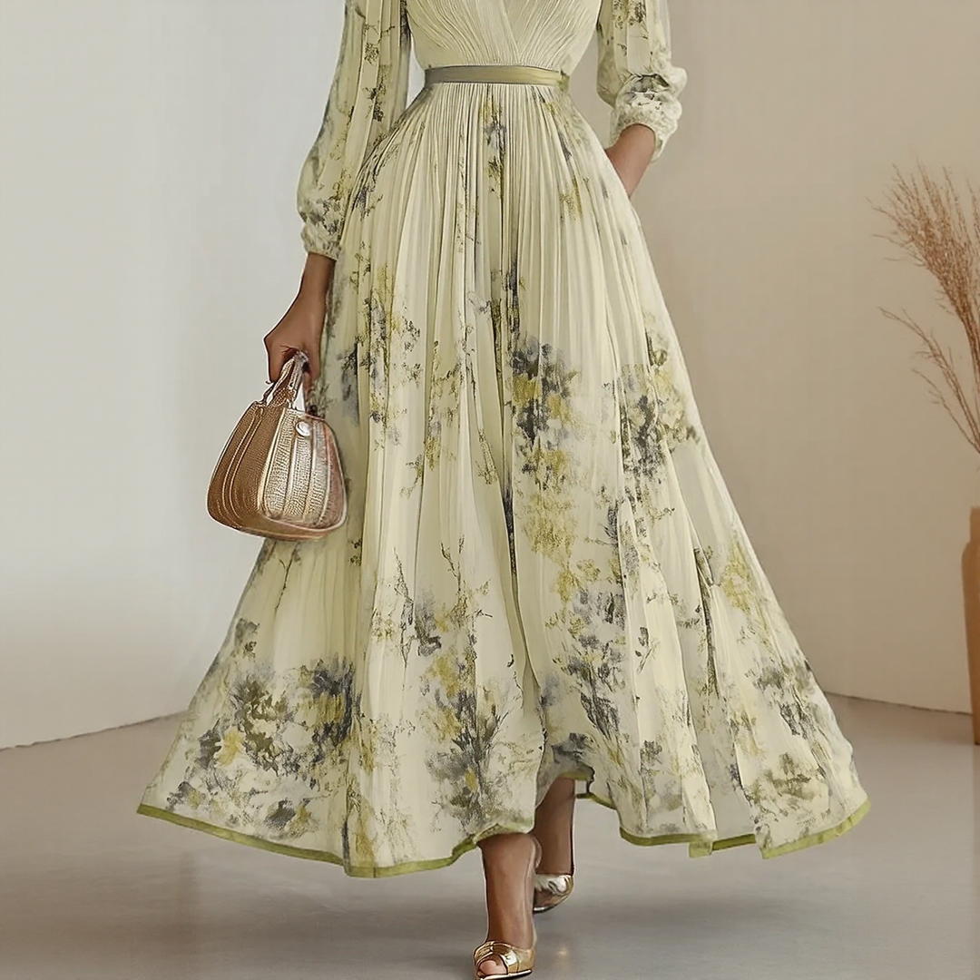Vestido maxi para mujer con escote en V, plisado, multicolor y con bolsillos laterales