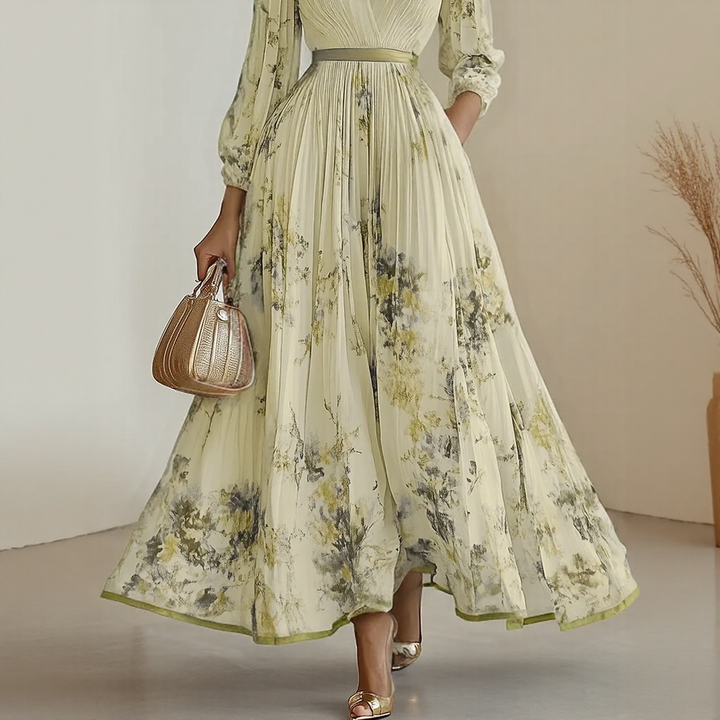 Vestido maxi para mujer con escote en V, plisado, multicolor y con bolsillos laterales